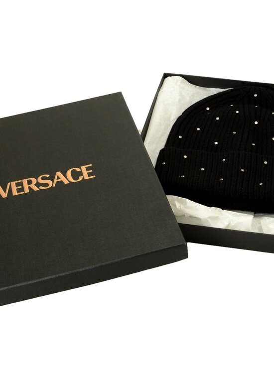 Versace Black Ribbed Strass Decorated 100% Wool Beanie Hat